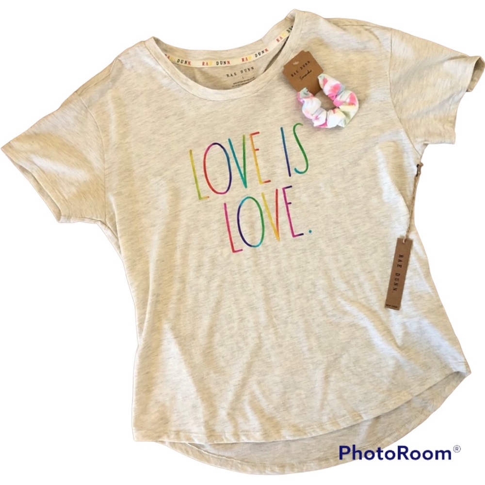 Rae Dunn 'Love Is Love' T Shirt Top & Scrunchie Hair Tie Set L Nwt